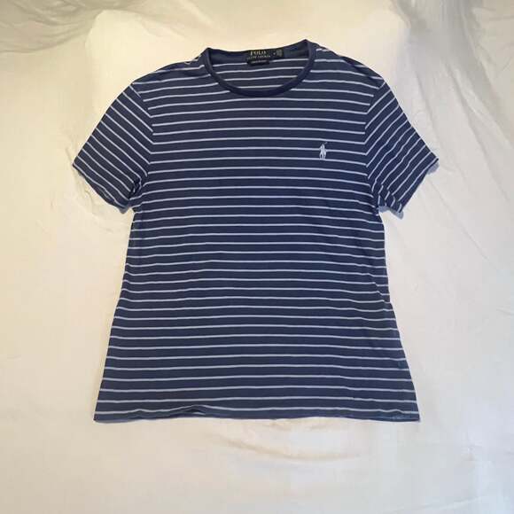Polo By Ralph Lauren Custom Slim Fit Striped Navy White Polo Shirt Size Medium - Picture 1 of 4